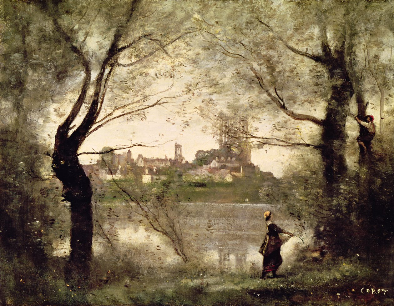 Utsikt över staden och katedralen i Mantes genom träden, kväll av Jean Baptiste Camille Corot
