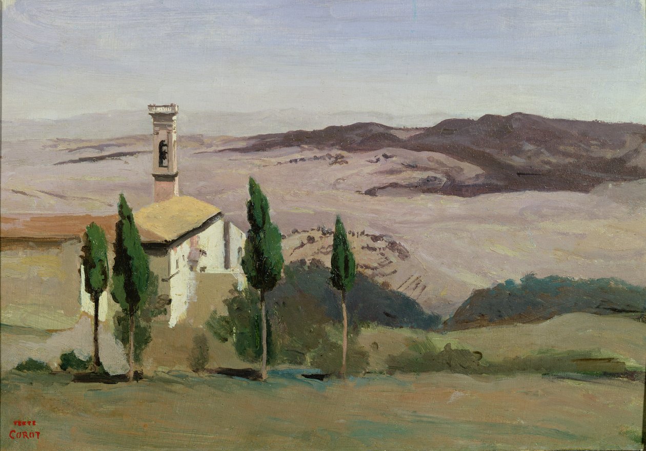 Volterra, kyrkan och klocktornet, 1834 av Jean Baptiste Camille Corot
