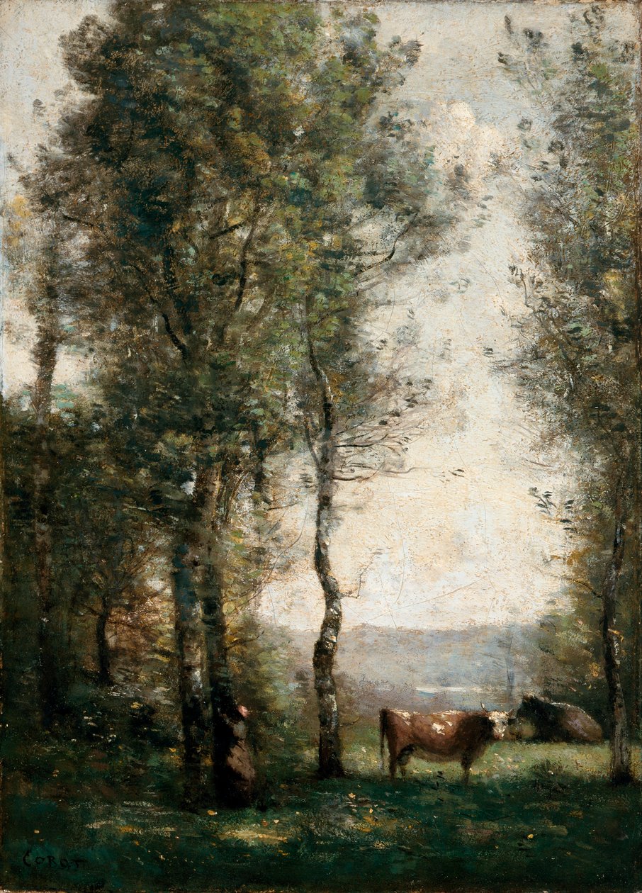 Wooded landscape with cows in a clearing av Jean Baptiste Camille Corot