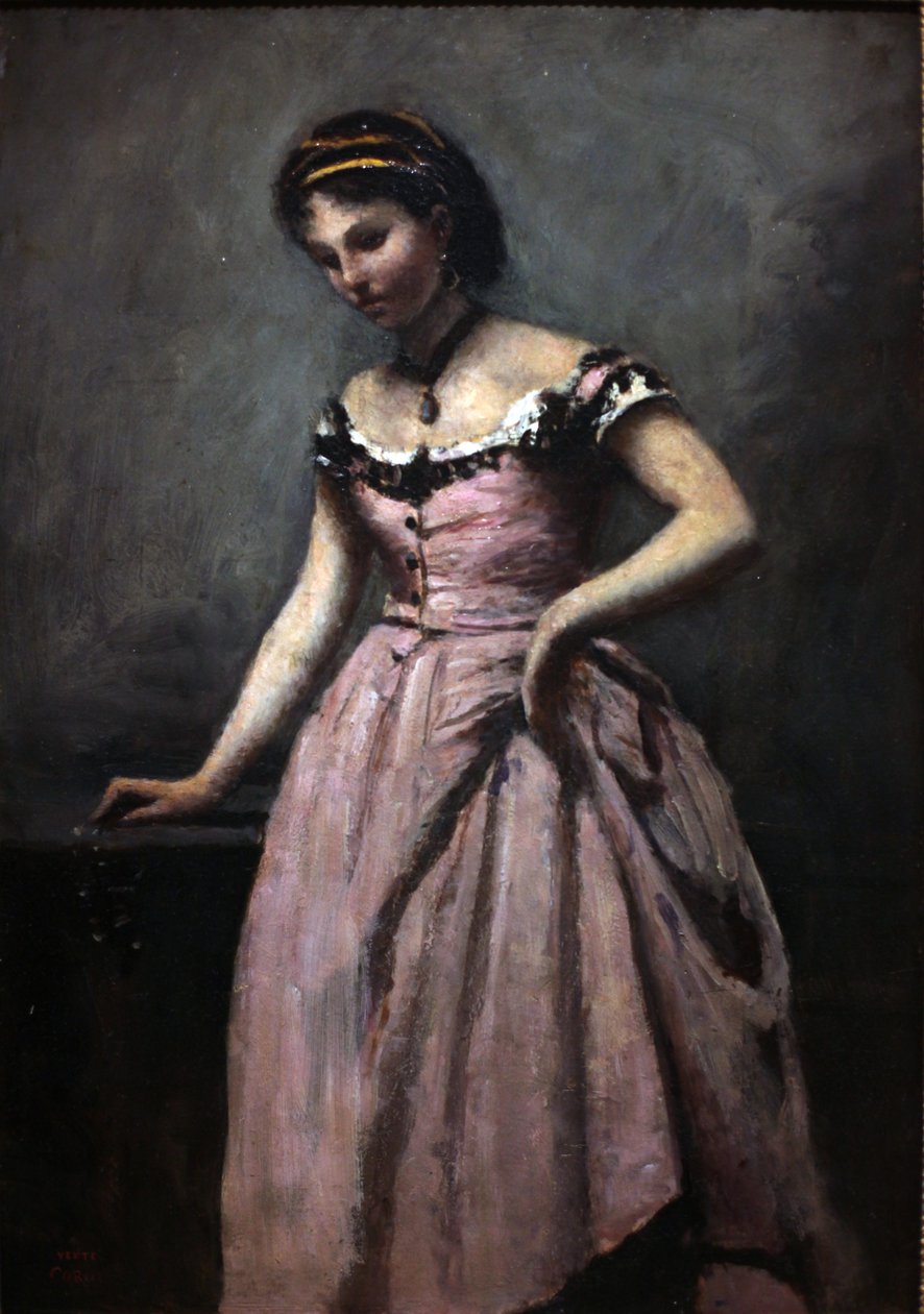 Ung kvinna i rosa klänning av Jean Baptiste Camille Corot