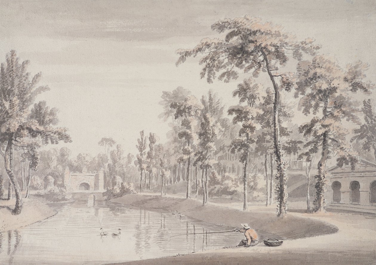 The Grotto and the Temple of Contemplation, Stowe, 1752 (penna och bläck med tvätt över grafit på papper) av Jean Baptiste Claude Chatelain