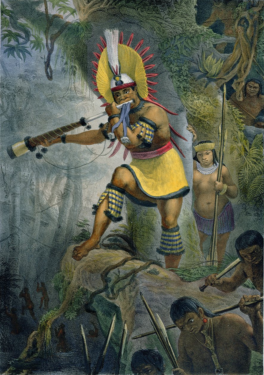 En Coroado-indian som ger signalen för attack, illustration från "Voyage Pittoresque et Historique au Bresil" av Jean-Baptiste Debret (1768-1848), publicerad i Paris, 1839 av Jean Baptiste Debret