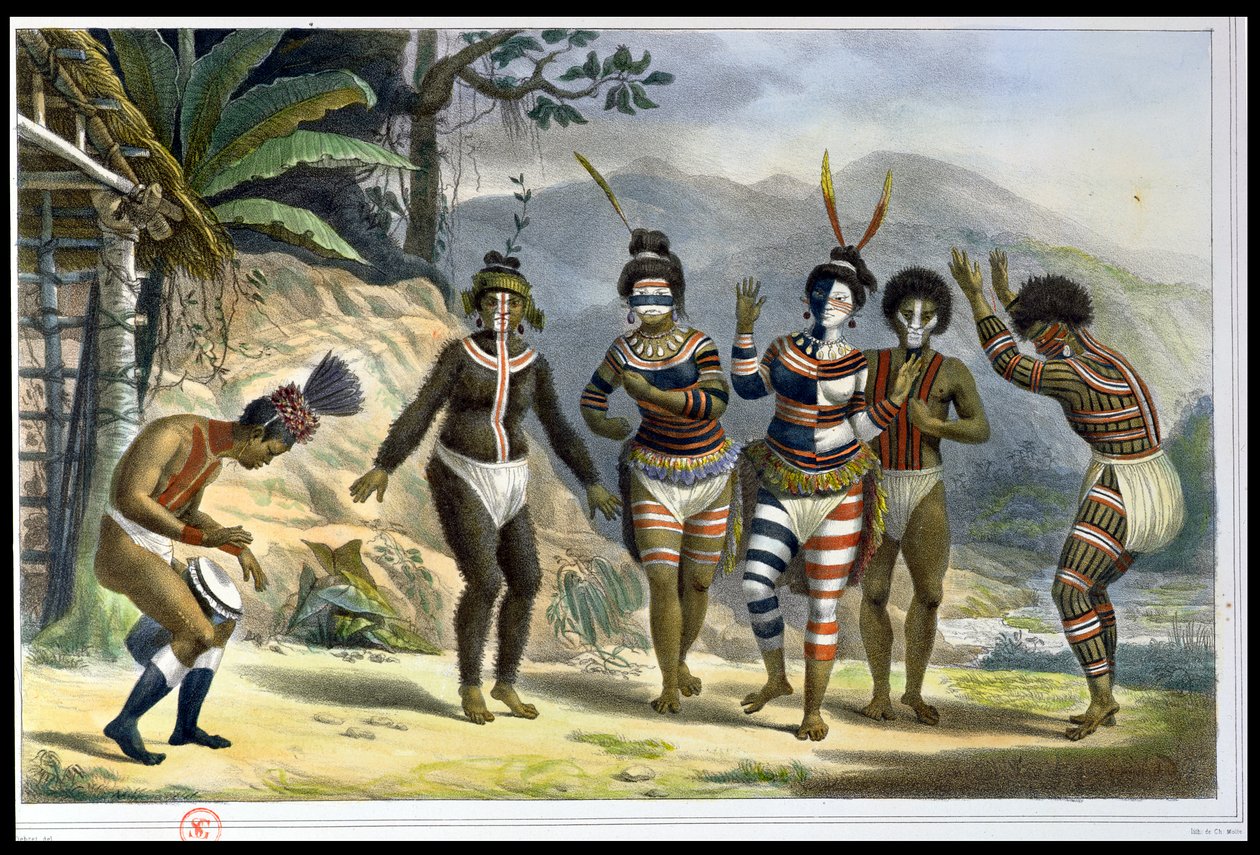 Indianer som dansar vid San Jose Mission, från "Voyage Pittoresque et Historique au Bresil", graverad av Charles Etienne Pierre Motte (1785-1836) och publicerad 1839. av Jean Baptiste Debret