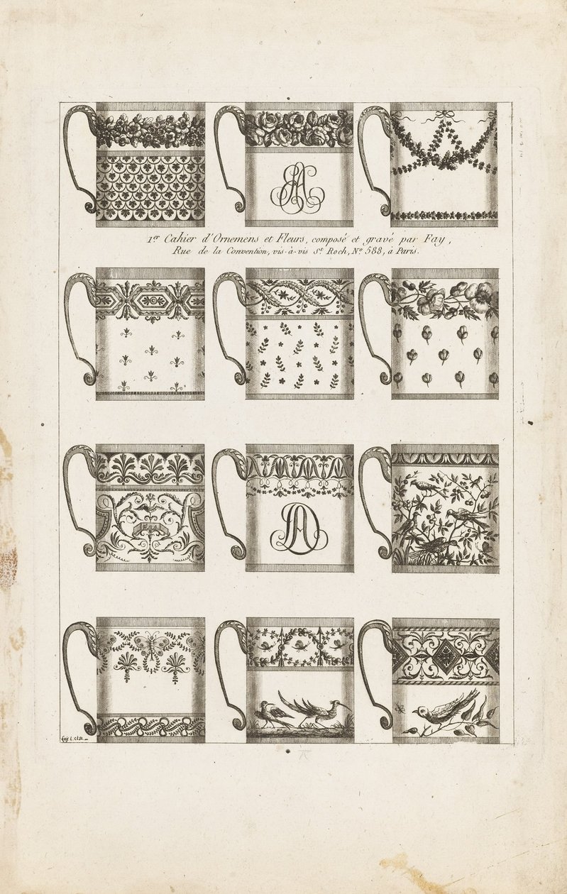 Design för chokladkoppar, tallrik 1 från 1st Cahier dOrnemens et Fleurs av Jean Baptiste Fay
