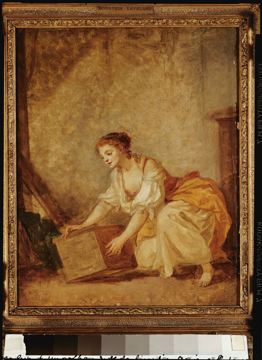 En ung flicka som lyfter en kista av Jean Baptiste Greuze