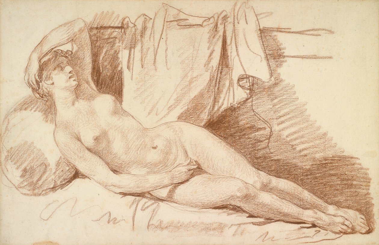 Liggande kvinnlig naken: Studie för Aegina besökt av Jupiter, ca 1767 (röd krita på lagt papper) av Jean Baptiste Greuze