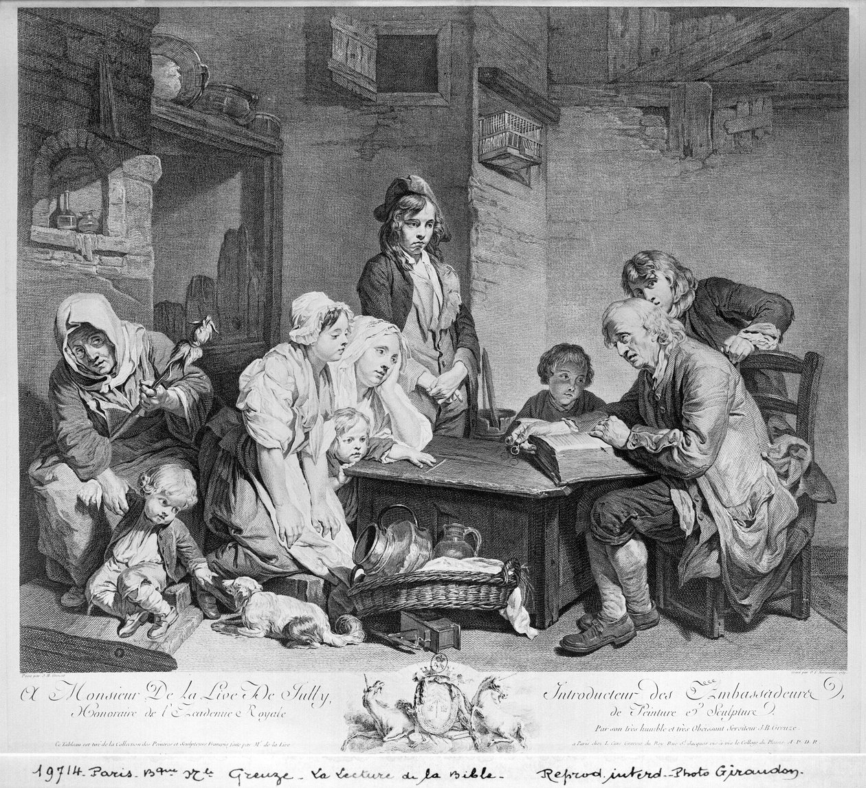Läsning av Bibeln, graverad av Pieter Franciscus Martenisie eller Martinasie (1729-89) 1759 av Jean Baptiste Greuze