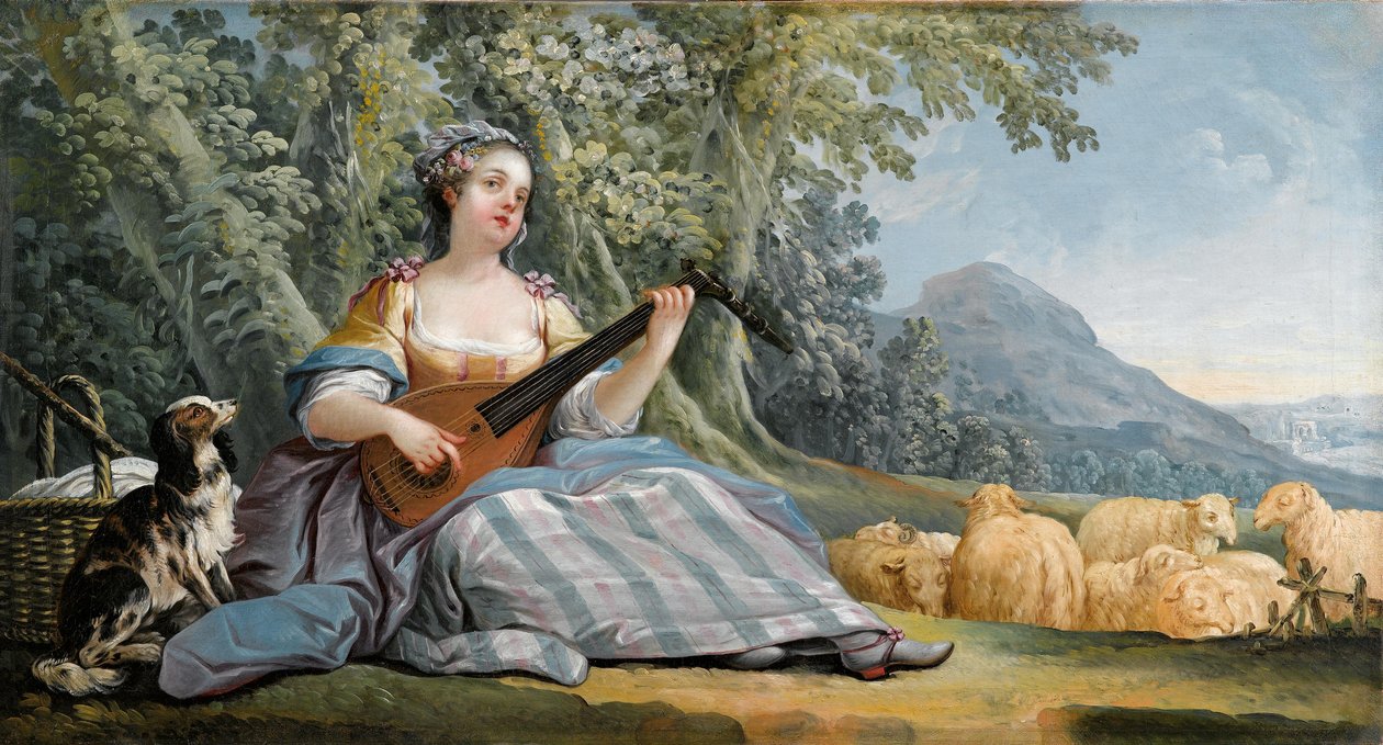 En herdeflicka som spelar mandolin av Jean Baptiste Huet