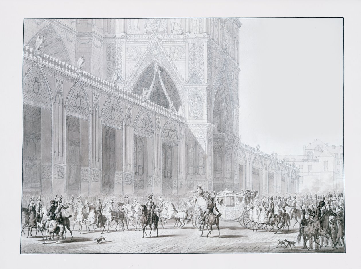 Ankomst till Notre-Dame-katedralen, Paris av kejsar Napoleon I och kejsarinnan Josephine för deras kröning den 2 december, 1804, illustration från 