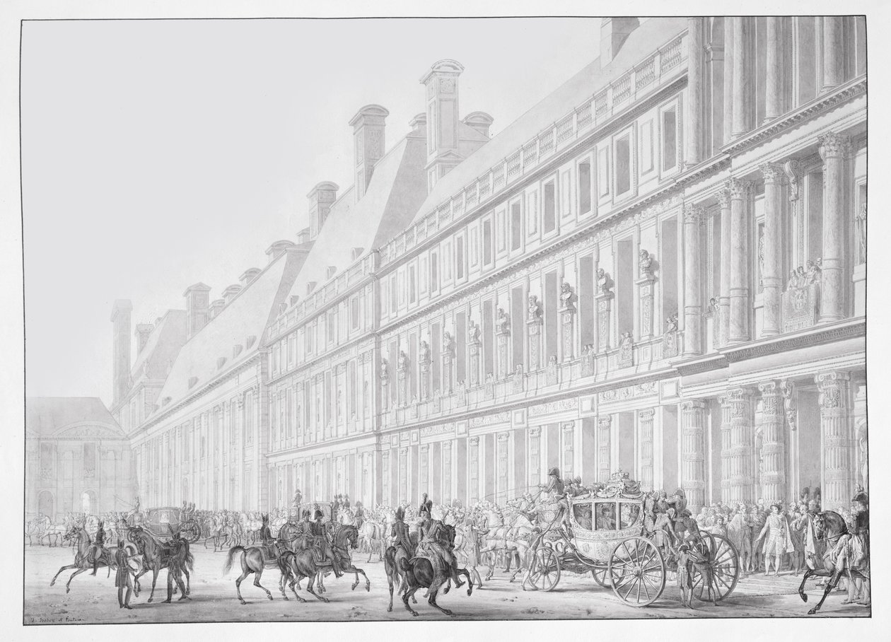 Avgång från kejsar Napoleon I och kejsarinnan Josephine i Tuileriespalatset för deras kröning i Notre-Dame-katedralen den 2 december 1804, illustration från 