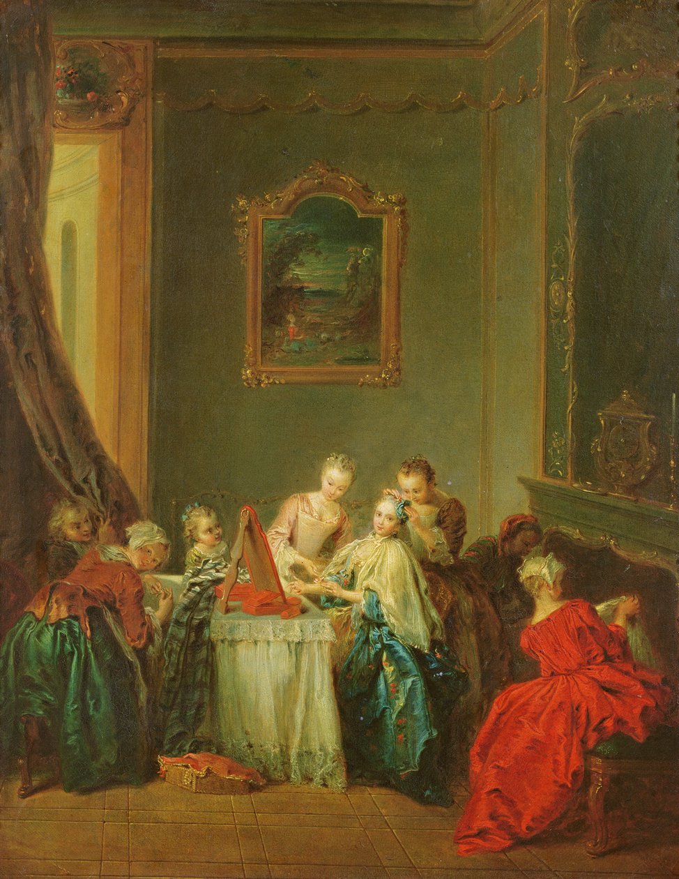 Toaletten: Ung kvinna vid sitt sminkbord av Jean Baptiste Joseph Pater