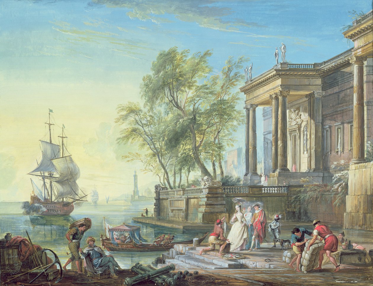 Portscen med solnedgång av Jean Baptiste Lallemand