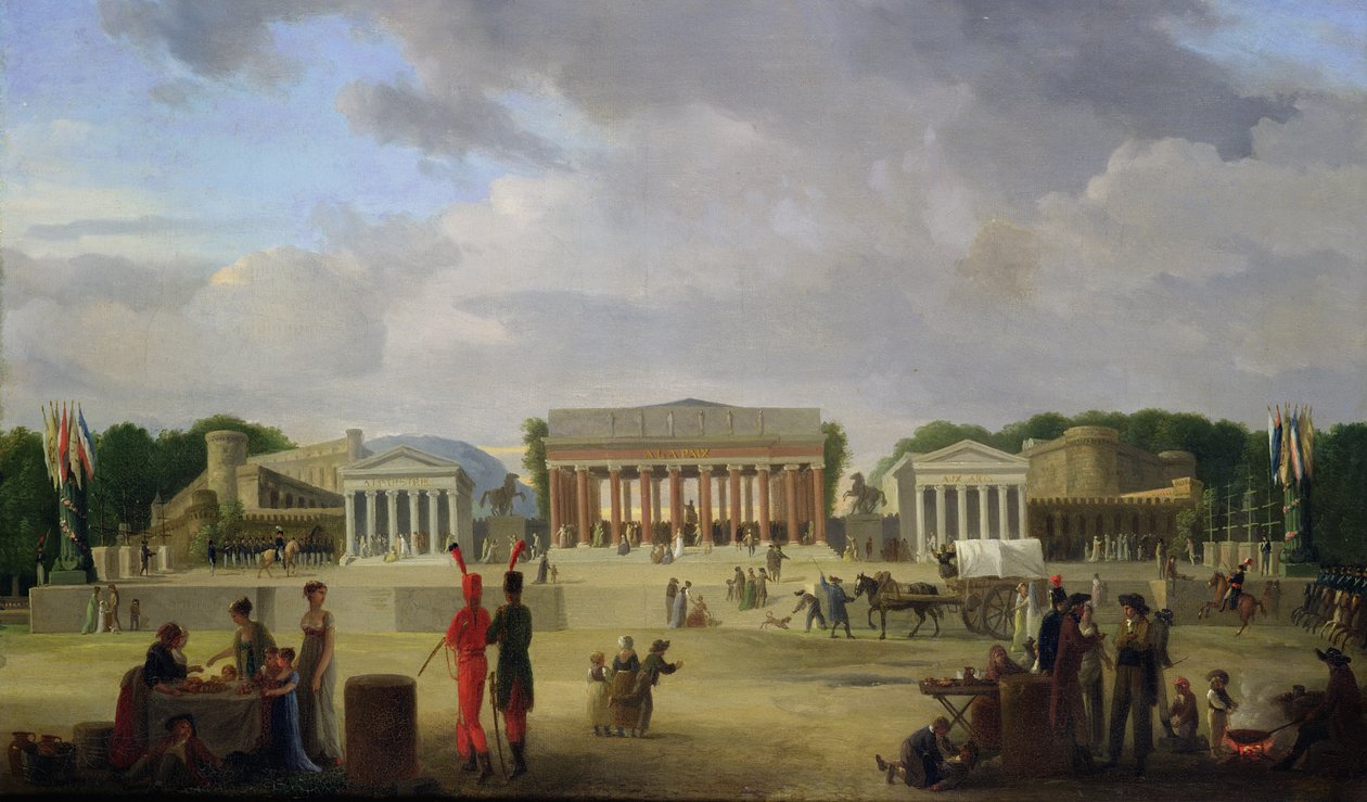Vaaiga i le Falemataaga Tele na Fausia i le Place de la Concorde mo le Fete de la Paix, 9th Novema 1801 swed av Jean Baptiste Louis Cazin