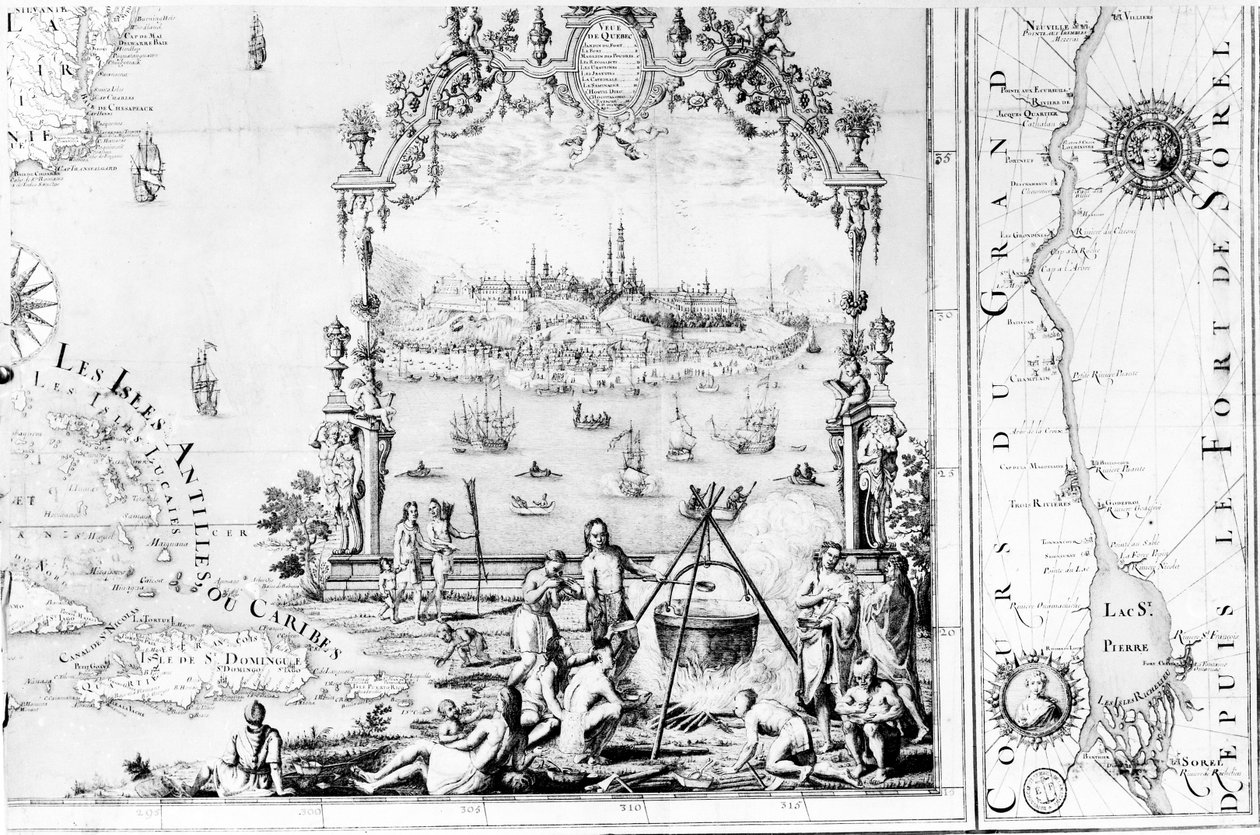 Utsikt över Quebec, kartusch av en karta som visar St. Lawrence River från Sorel, 1699 av Jean Baptiste Louis Franquelin