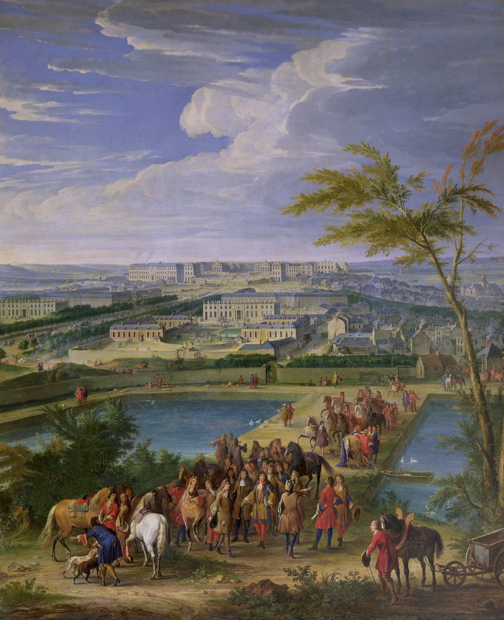 Staden och slottet i Versailles från Butte de Montboron, där Louis XIV (1638-1715) med Louvois, Mansart och Le Notre såg vattnet anlända från Marly Machine in i reservoarerna, 1688 (oi av Jean Baptiste Martin