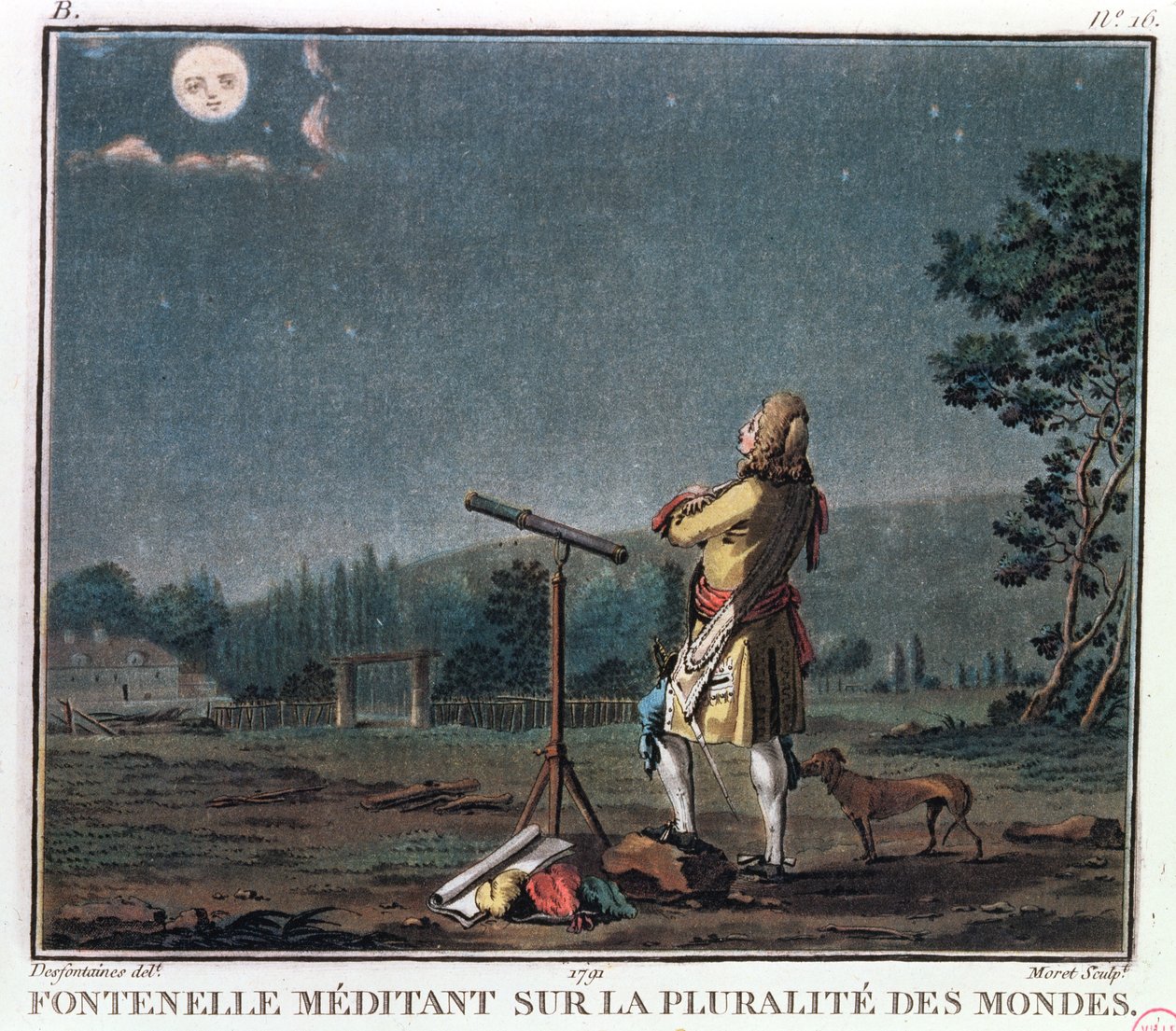Bernard Le Bovier de Fontenelle (1657-1757) Mediterar över spridningen av världar, 1791 av Jean Baptiste Morret