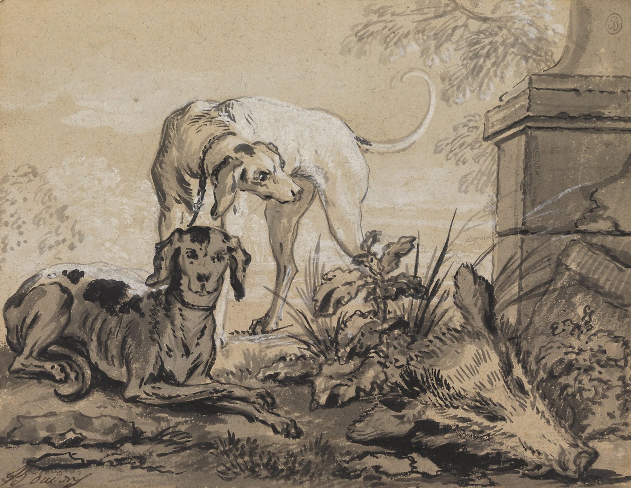 After the Hunt- Two Hounds beside a Boars Head av Jean Baptiste Oudry