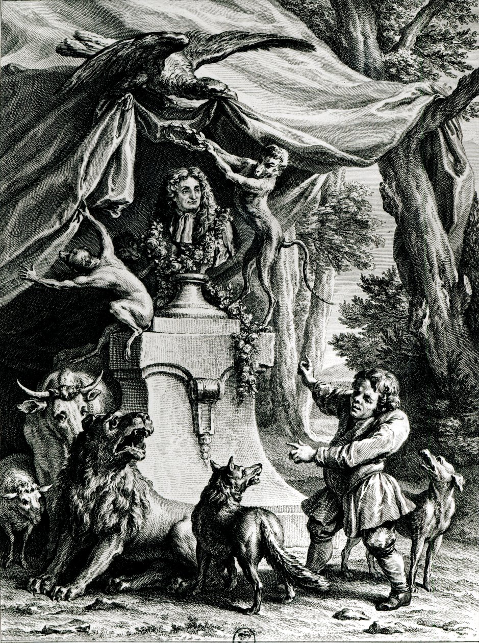 Allegoriskt porträtt av Jean de La Fontaine (1621-95) omgiven av djur från hans fabler av Jean Baptiste Oudry