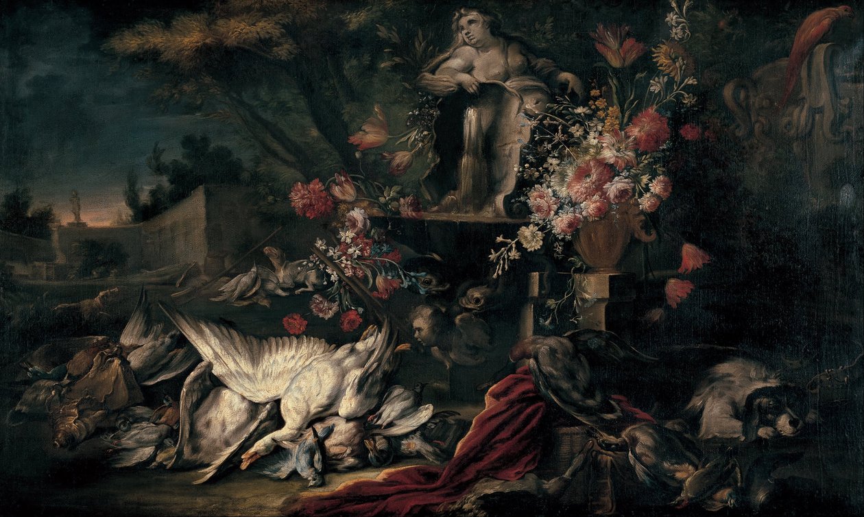 Dödsnatur med skjutredskap och blommor I av Jean Baptiste Oudry
