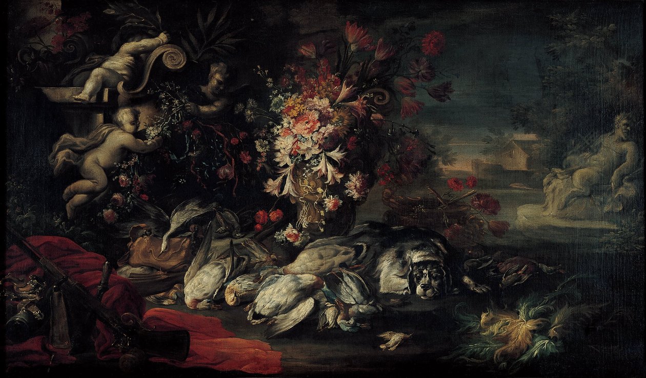 Döden i naturen med skjututrustning och blommor II av Jean Baptiste Oudry