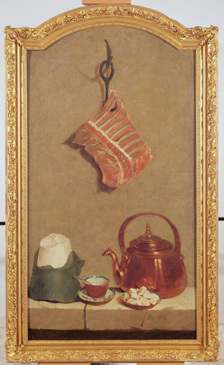 Stilleben med kött, vattenkokare, kopp, sockerlimpa och sockerbitar av Jean Baptiste Oudry