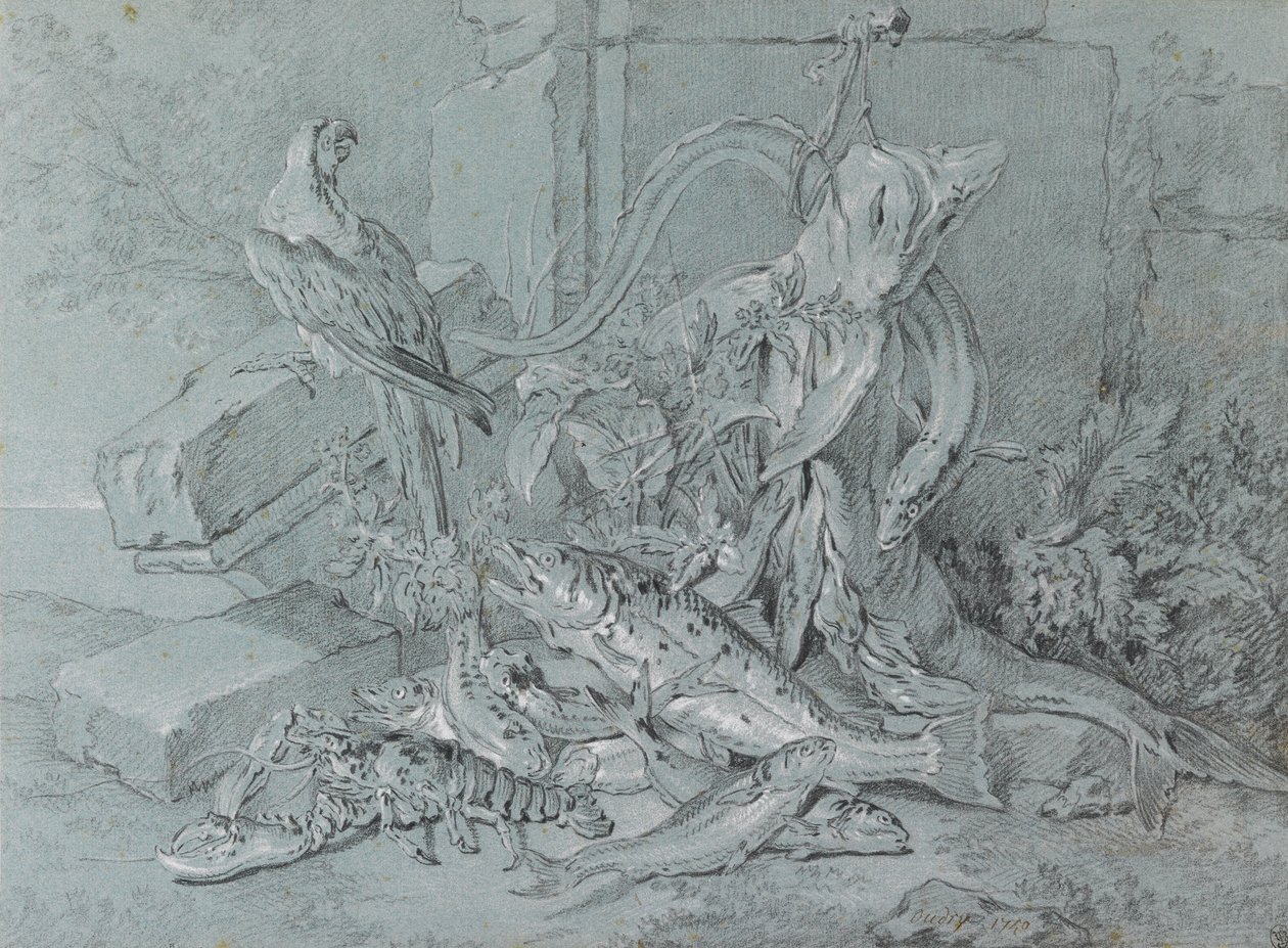 Stilleben med fisk och papegoja av Jean Baptiste Oudry