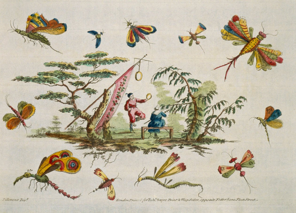 Illustration som visar fjärilar och två centrala figurer som bär japanska kläder från For Ladies Amusement..Art of Japanning. Pillement, Jean Baptiste (1728-1808) av Jean Baptiste Pillement