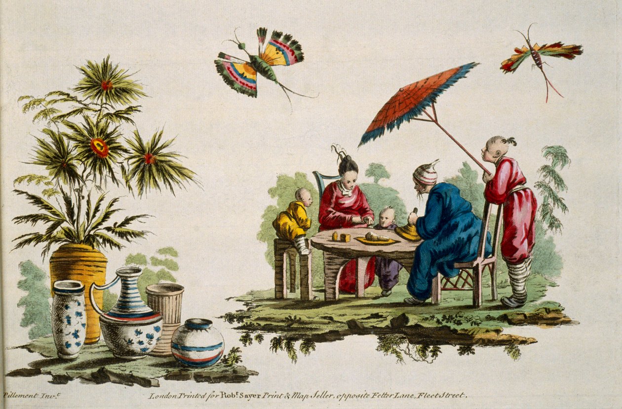 Illustration som visar figurer som bär japanska kläder och parasoll från For Ladies Amusement..Art of Japanning..Pillement, Jean Baptiste (1728-1808) av Jean Baptiste Pillement