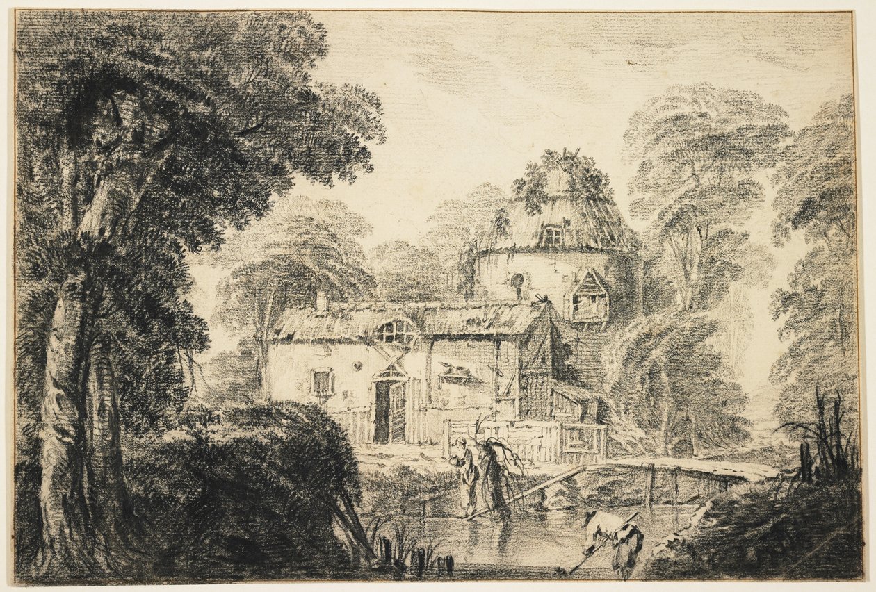 Landskap med stuga och bönder, ca 1770 (svart krita på krämigt papper) av Jean Baptiste Pillement