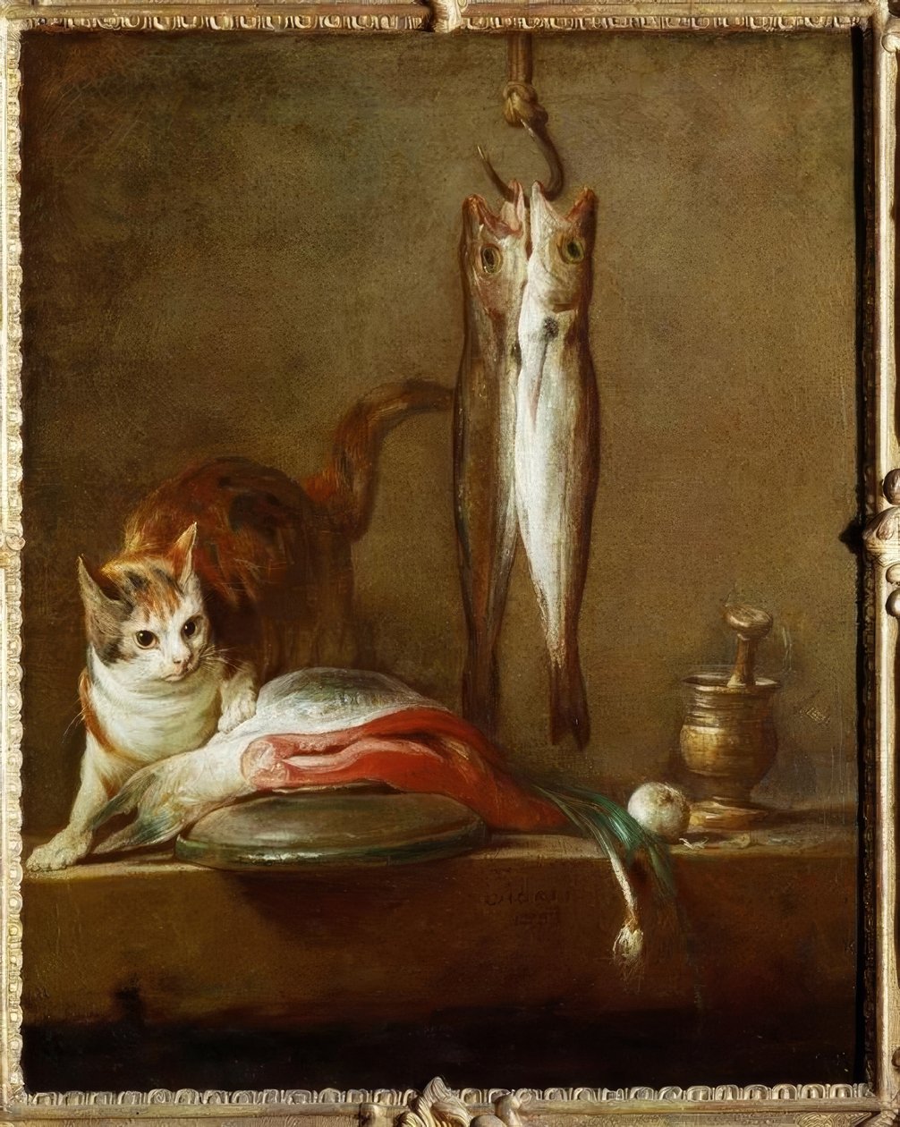 Katt med skiva lax, två makrillar, mortel och pi av Jean Baptiste Simeon Chardin