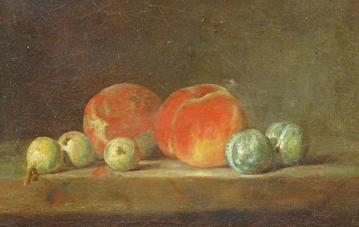 Persikor, päron och plommon på ett bord av Jean Baptiste Simeon Chardin