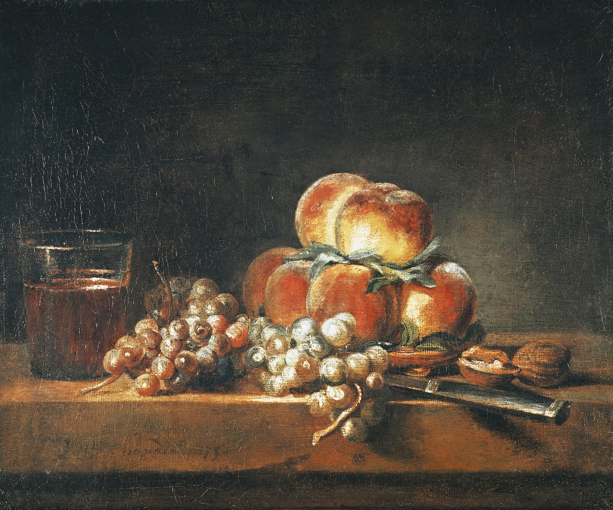Stilleben av persikor, nötter, vindruvor och ett glas vin, 1758 av Jean Baptiste Simeon Chardin