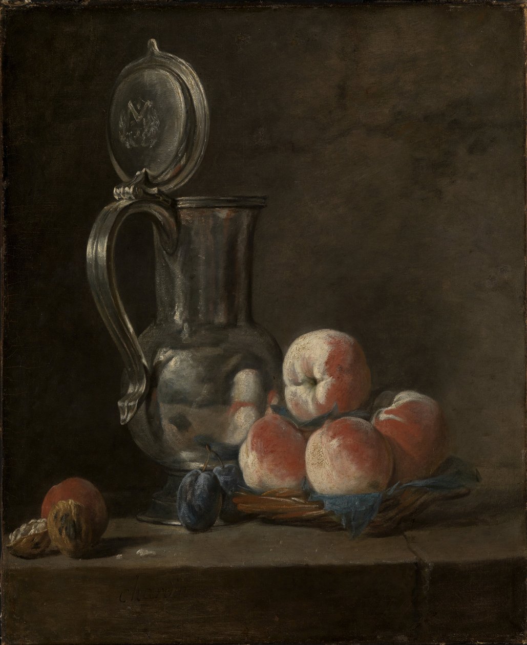 Stilleben med plåtkanna och persikor av Jean Baptiste Simeon Chardin