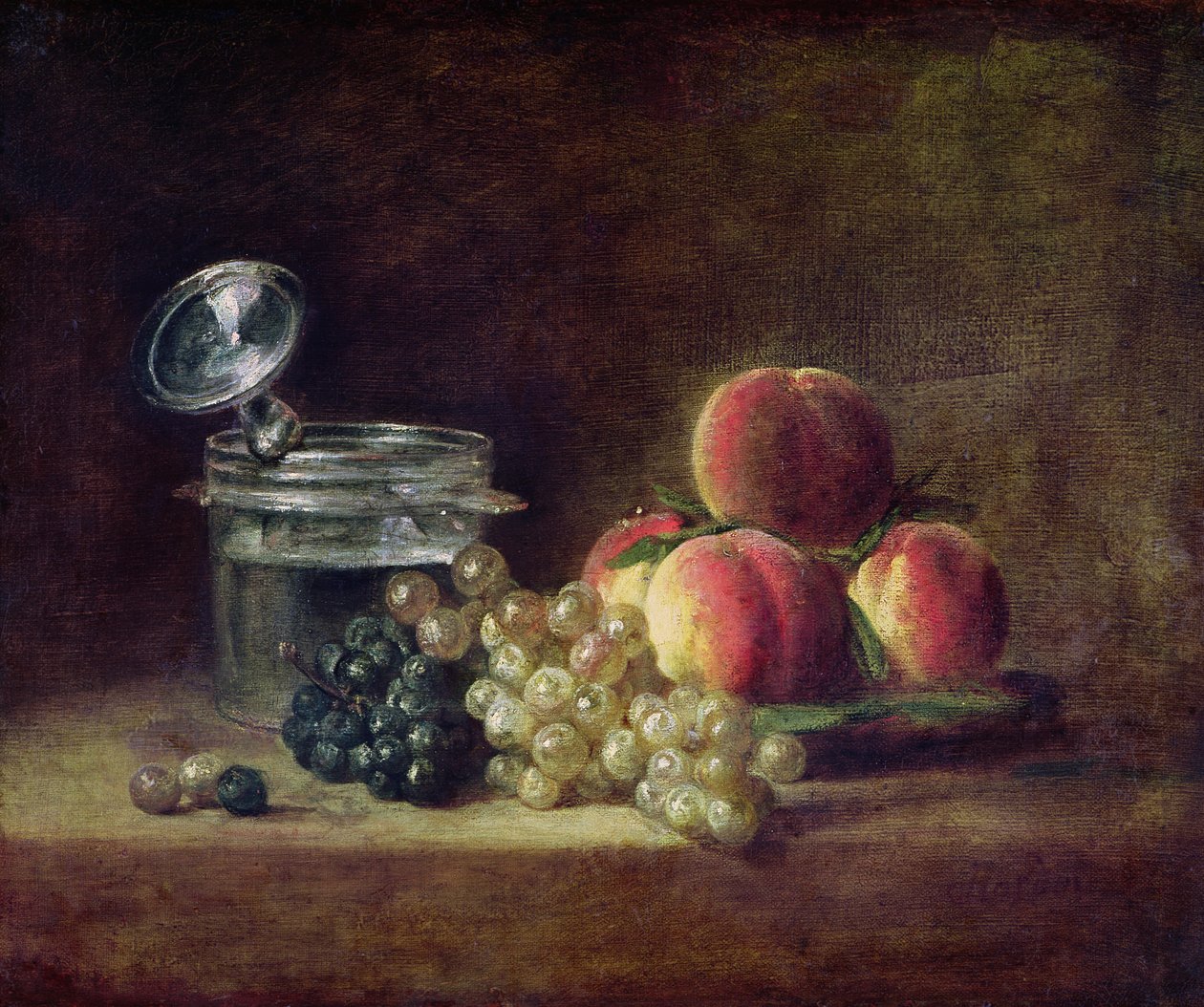 Stilleben med en korg med persikor, vita och svarta druvor med kylare och vinglas, ca 1759 av Jean Baptiste Simeon Chardin