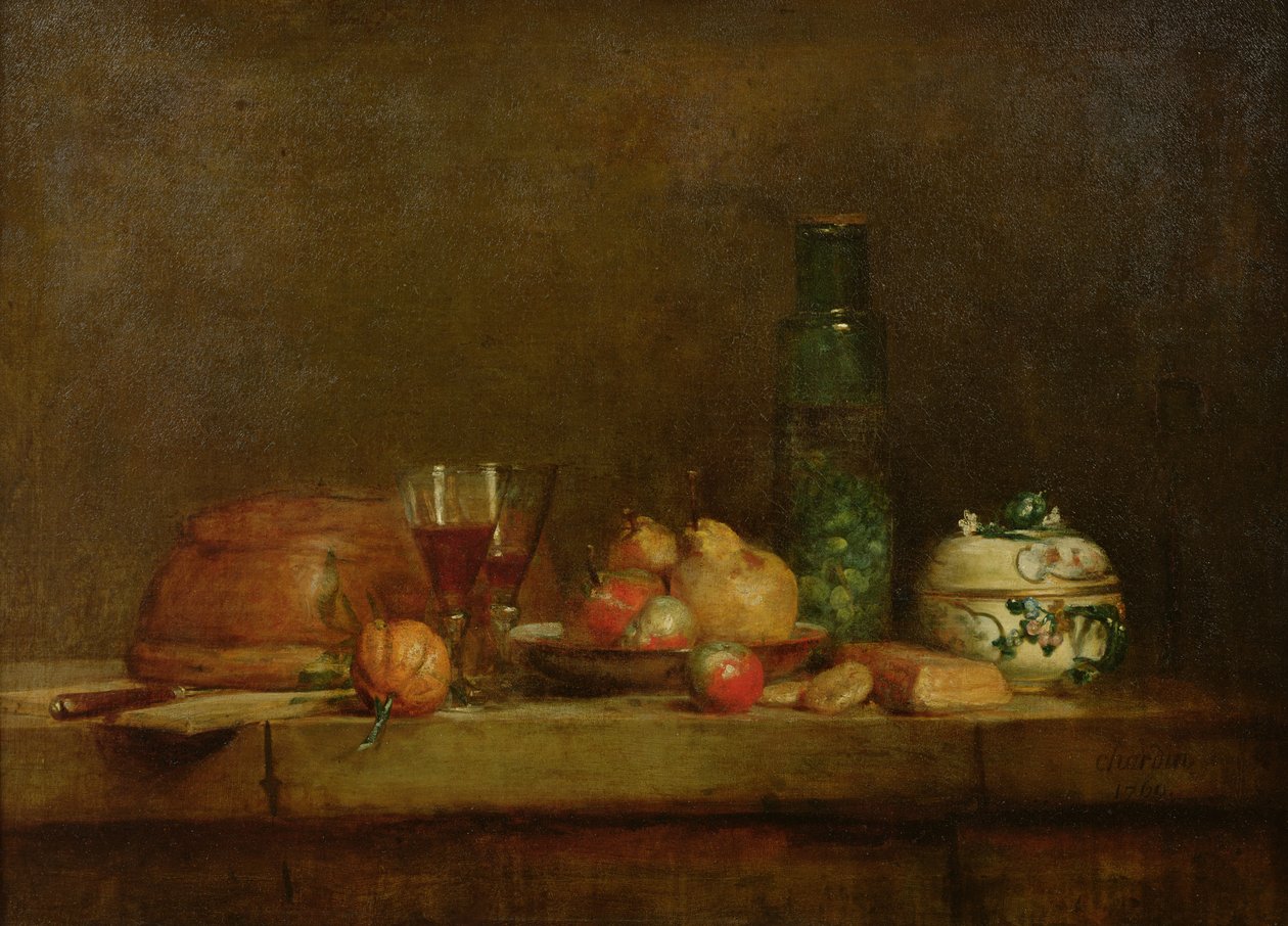 Stilleben med en flaske oliven, 1760 swed av Jean Baptiste Simeon Chardin