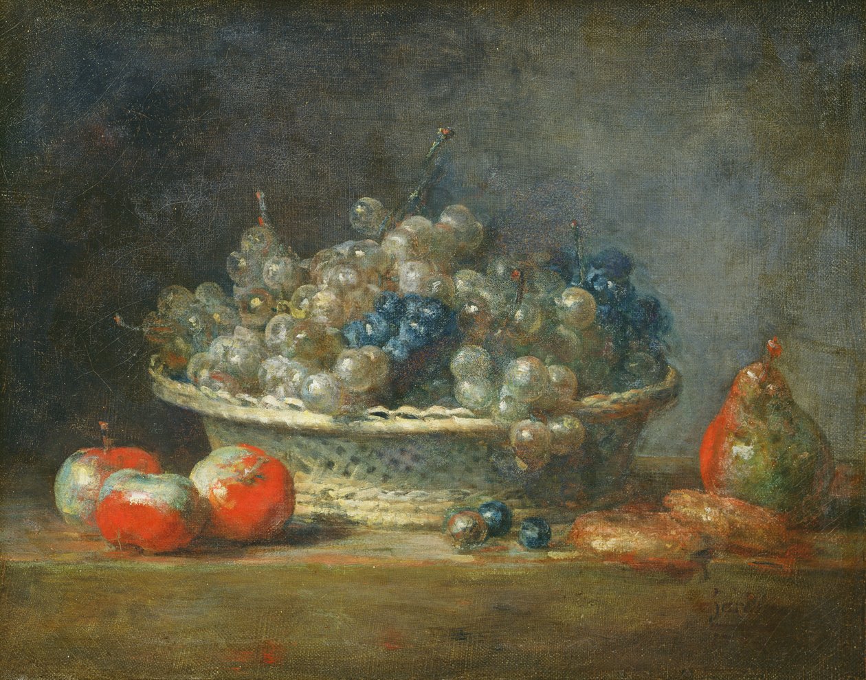 Stilleben: druvkorg med tre äpplen, ett päron och två marsipaner, 1764 av Jean Baptiste Simeon Chardin