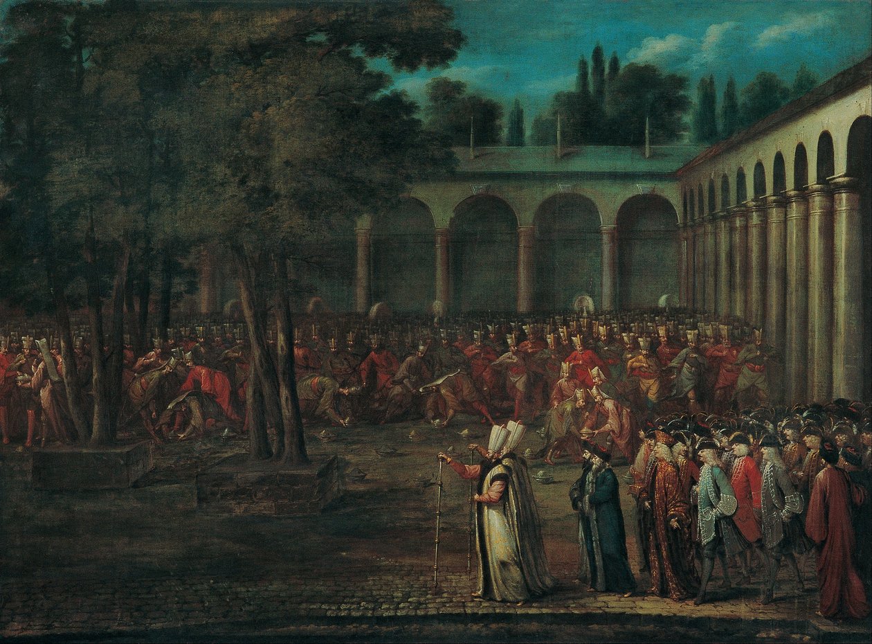 Ambassadorialdelegationen som passerar genom Topkapipalatsets andra innergård av Jean Baptiste Vanmour