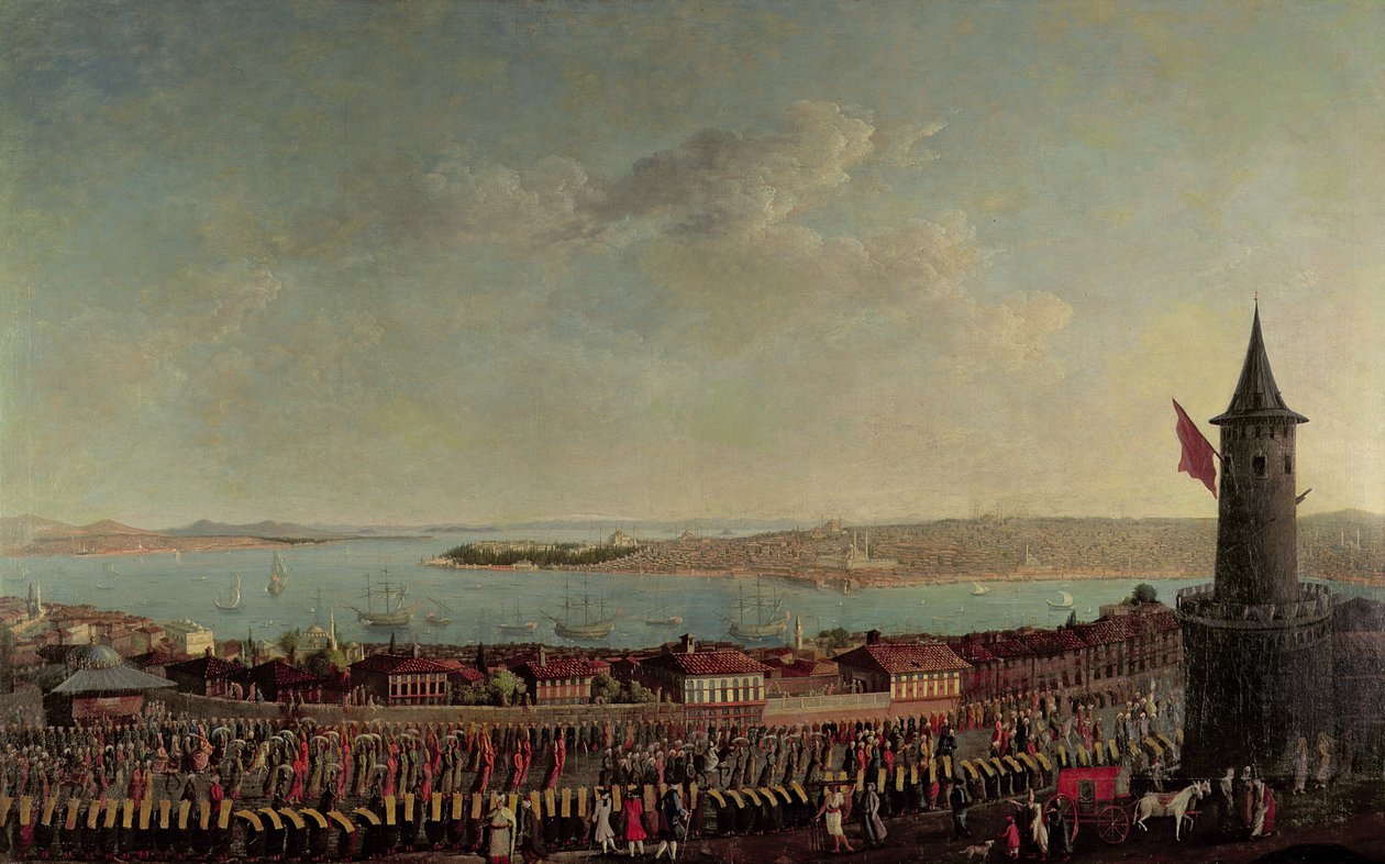 Utsikt över Konstantinopel med en procession av janitsjar som passerar Galatatornet av Jean Baptiste Vanmour