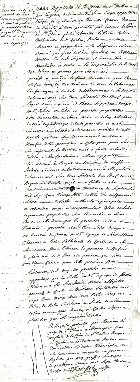 Décret d´érection de la paroisse de Saint-Louis-de-France de Terrebonne av Jean Baptiste de La Croix