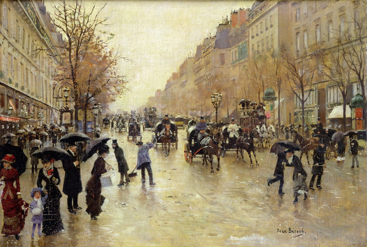 Boulevard Poissonniere i regnet, ca 1885 av Jean Beraud