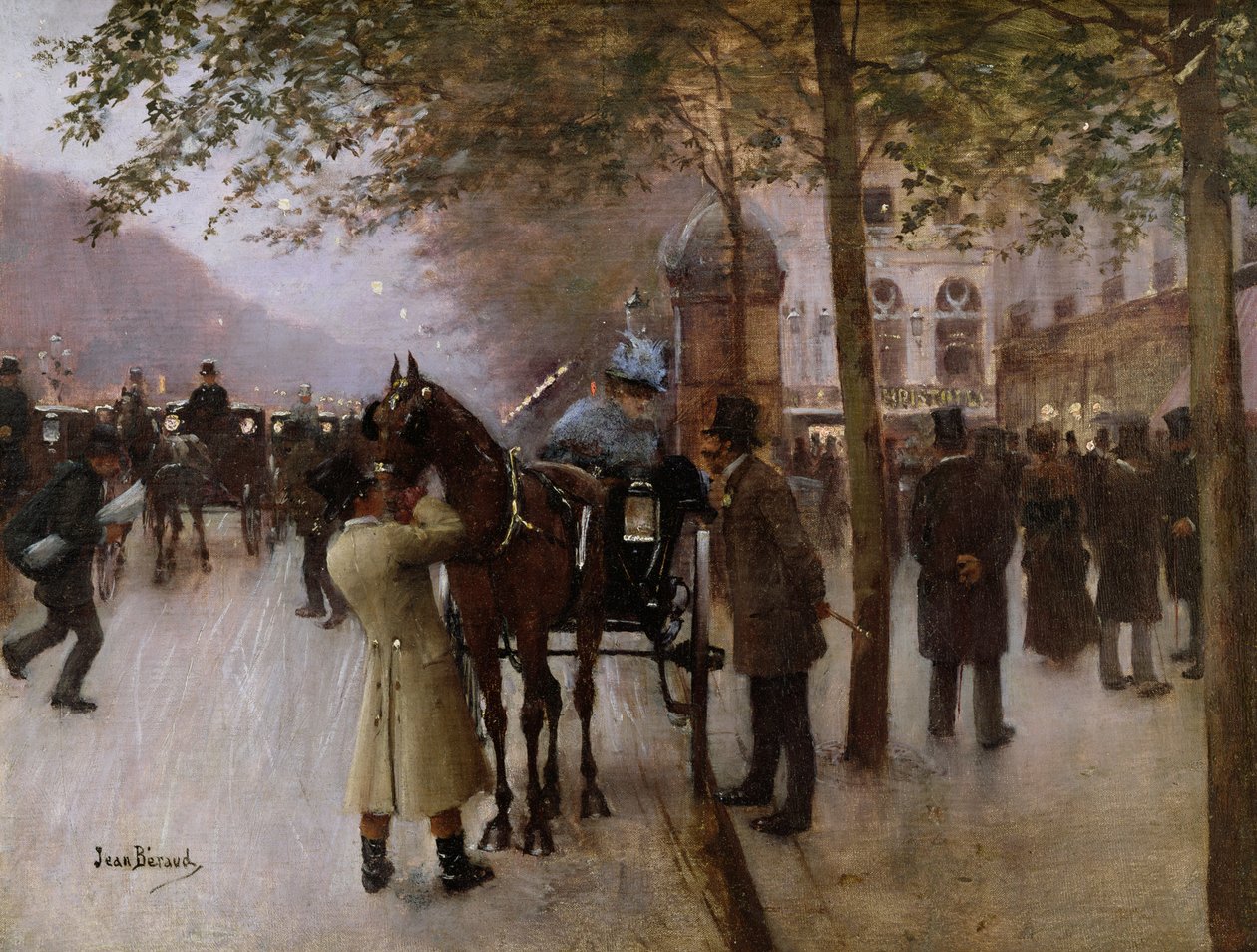The Boulevards, Evening in Front of the Cafe Napolitain, sent 1800-tal av Jean Beraud