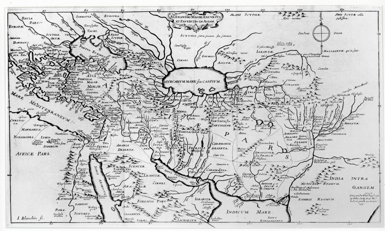 Karta över Alexander den stores (356-323 f.Kr.) resor och expeditioner i Asien av Jean Blanchin