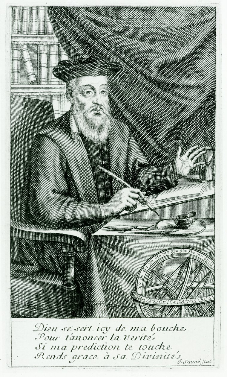 Michel de Nostredame (Nostradamus) (1503-66) Skriver sina profetior, graverad av Jean Sauve (fl.1660-91) av Jean Boulanger
