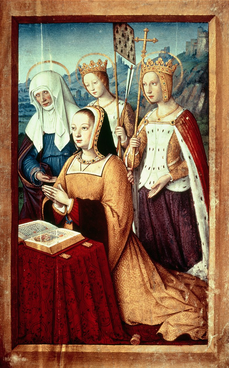 Ms lat 9474 f.3v Anne av Bretagne med den heliga Anne, den heliga Ursula och den heliga Helena, miniatyr från Anne av Bretagnes Grandes Heures, ca 1503-8 av Jean Bourdichon
