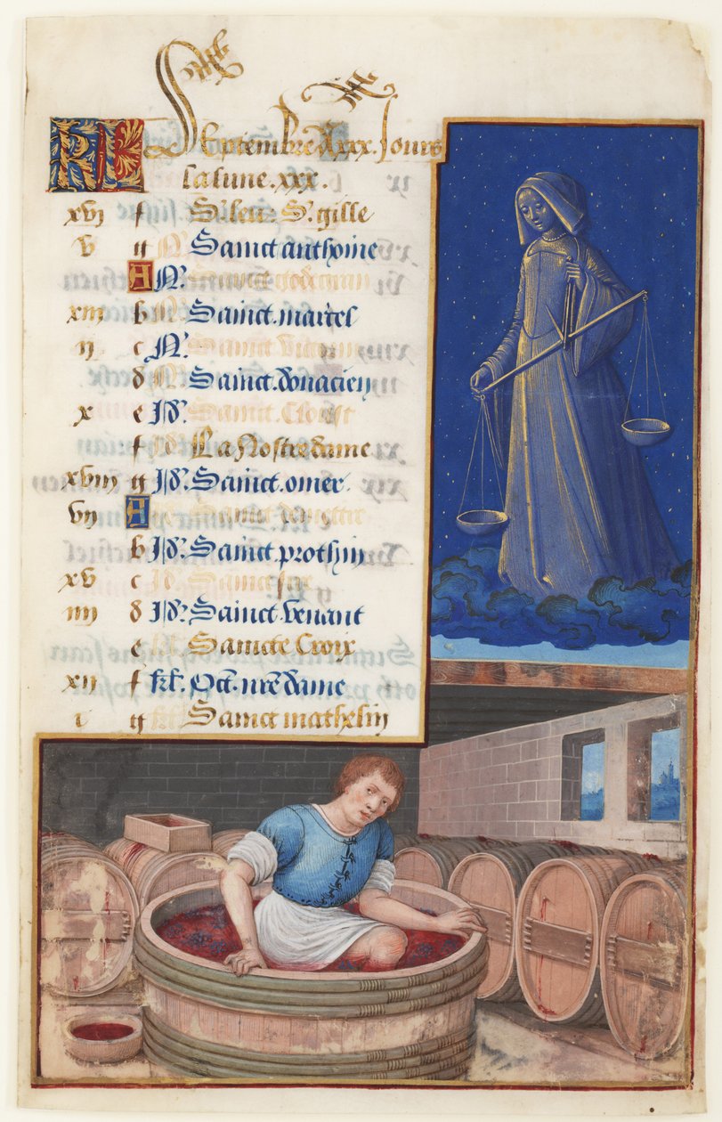 Virgo och trampande druvor, kalender för högtiderna i september, ca 1500 av Jean Bourdichon