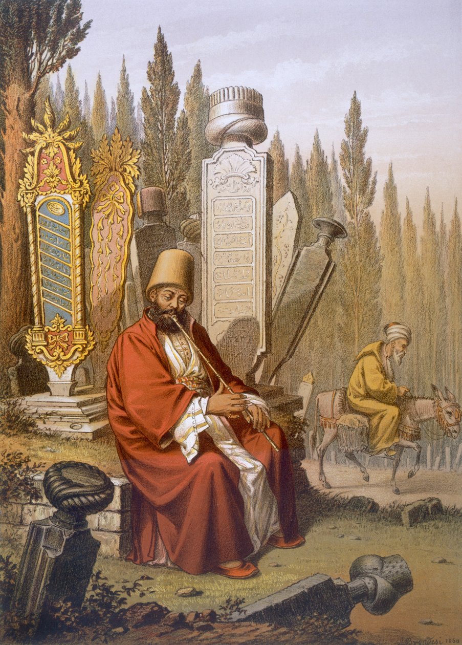 Sufi, som spelar ney, sitter på en turkisk kyrkogård bland de inskrivna gravplattorna, illustration från "Souvenirs de Constantinople", pub. Paris, ca 1855 av Jean Brindesi
