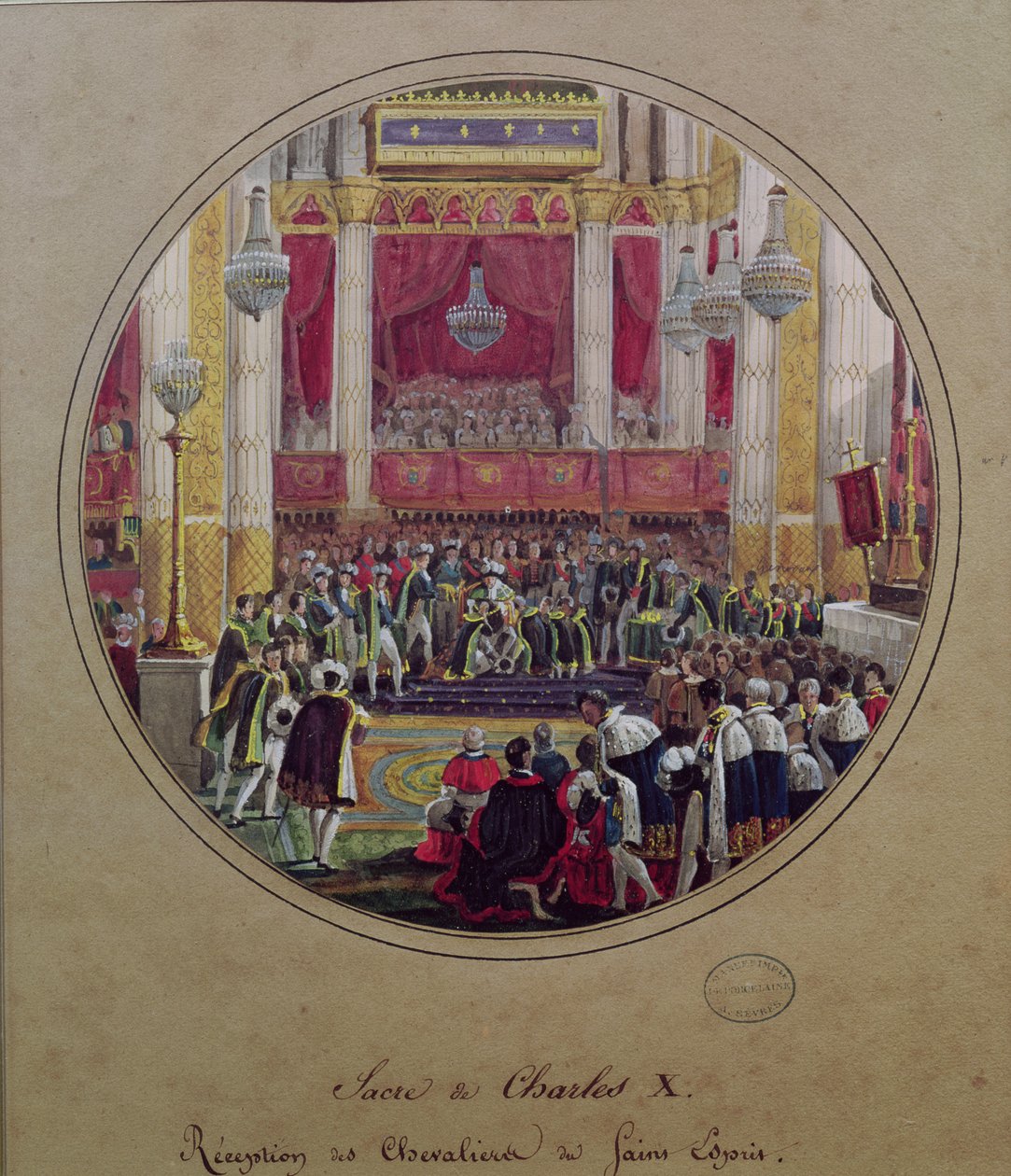 Kung Karl X (1757-1836) tar emot riddarna av Saint Esprit i Reims katedral den 30 maj 1825 av Jean Charles Develly