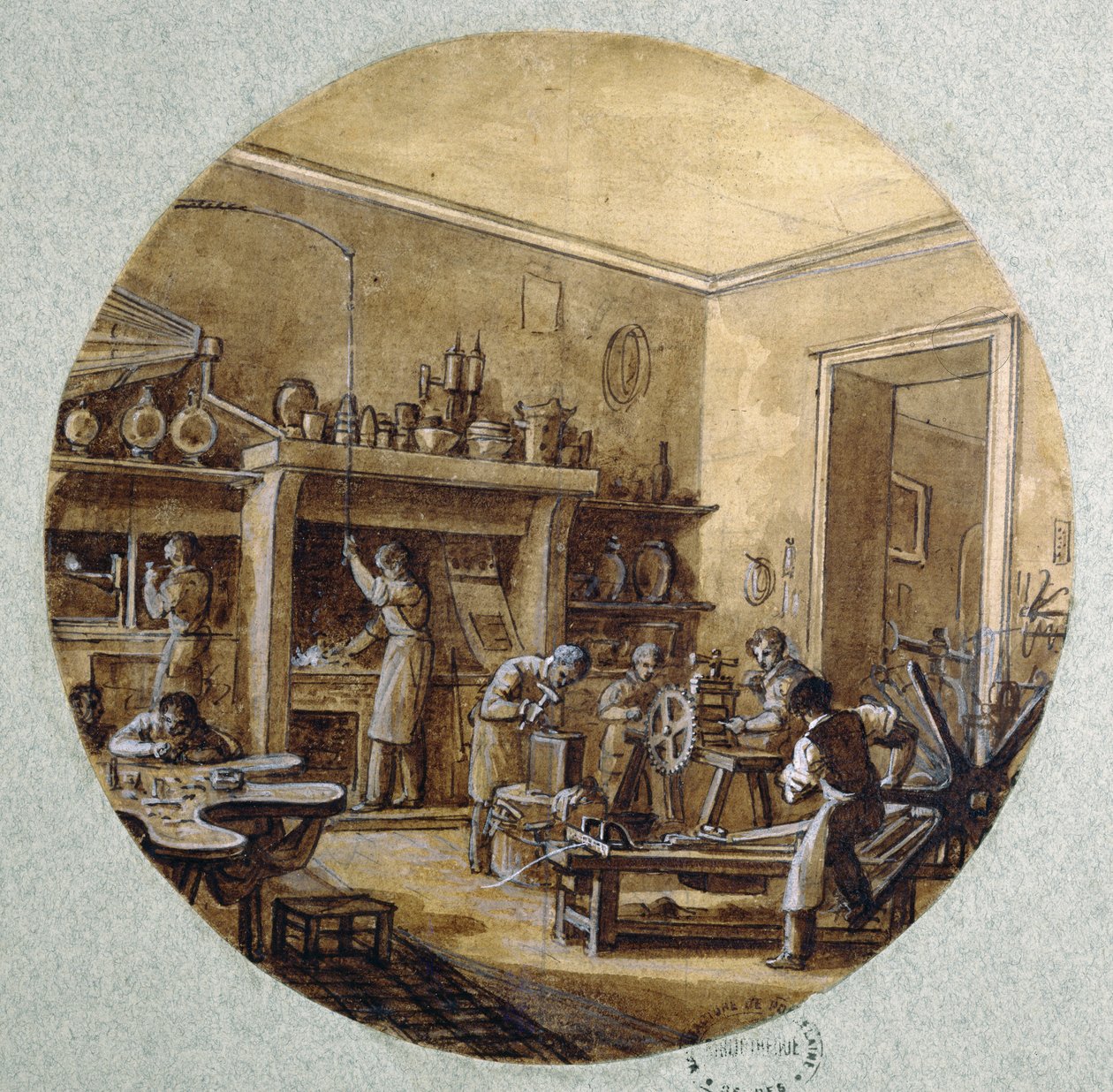Juvelerarens verkstad, plåtdesign för en tjänst som föreställer olika yrken, ca 1820-35 (penna och bläck samt tvätt och gouache på papper) av Jean-Charles Develly