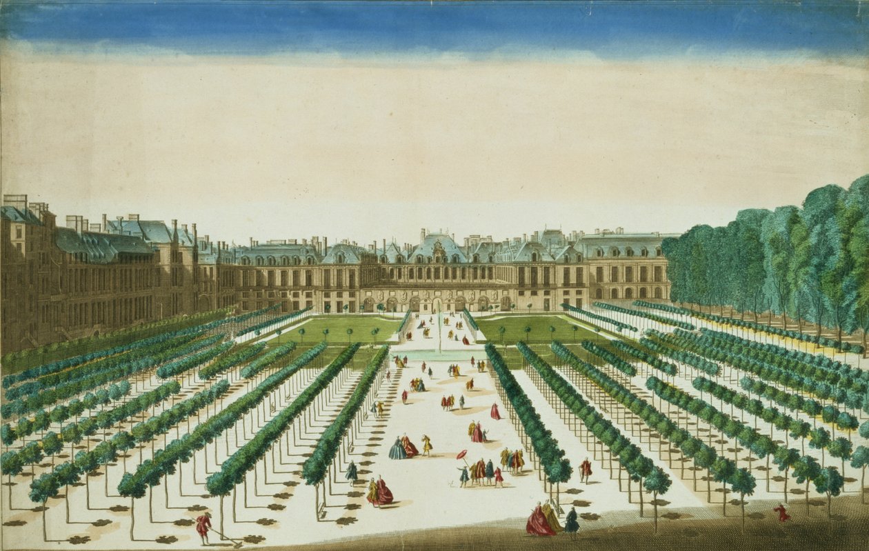 Utsikt och perspektiv på Palais Royal från trädgårdssidan, graverad av Antoine Aveline (1691-1743) av Jean Chaufourier