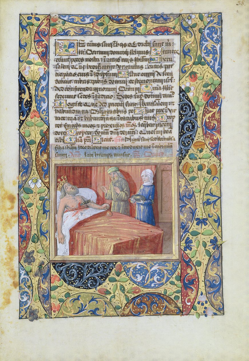 Ms Lat. Q.v.I.126 f.38 Kungen med en kniv störtade genom sitt hjärta, från 